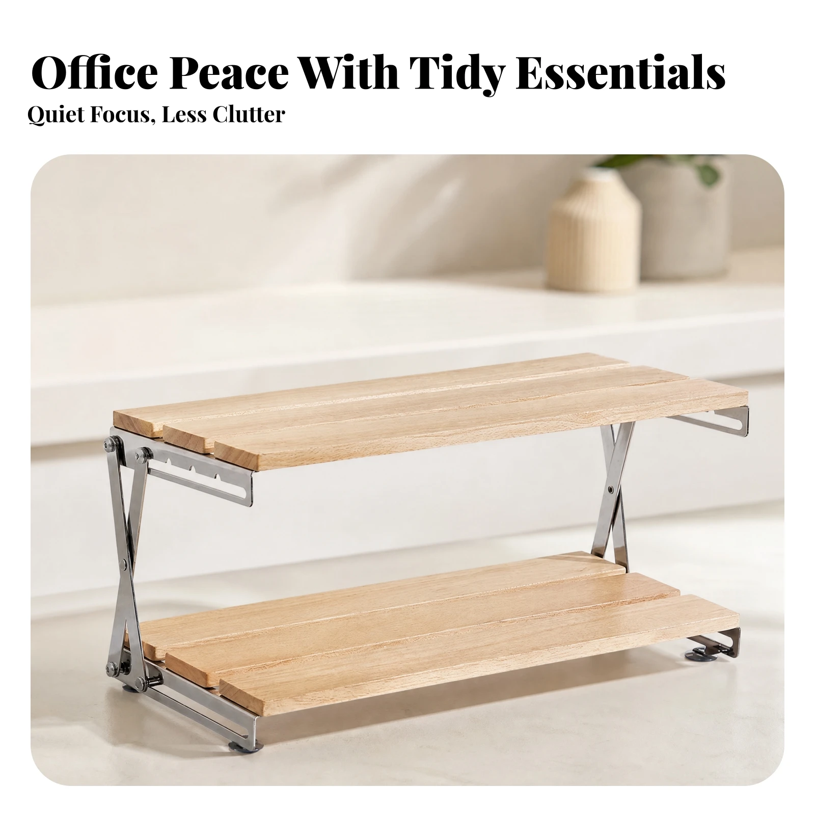 Two-Tier Countertop Storage Rack Space-Saving Two-Level Tabletop Storage Shelf Wire Frame Shelf with Wooden Board Vertical