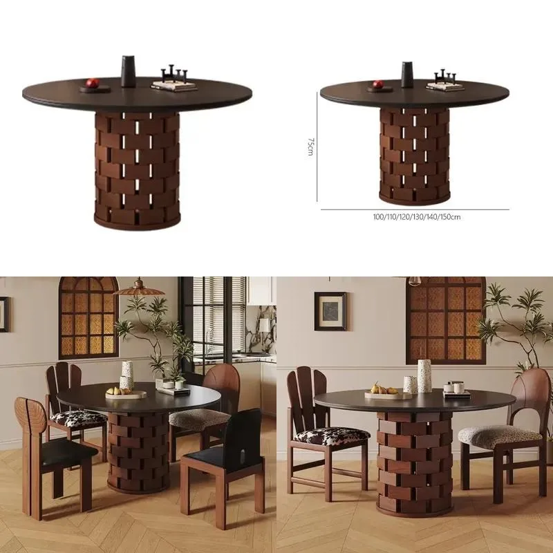 Modern luxury round black walnut dining table with removable sintered stone countertop, seating 8, suitable for villas and