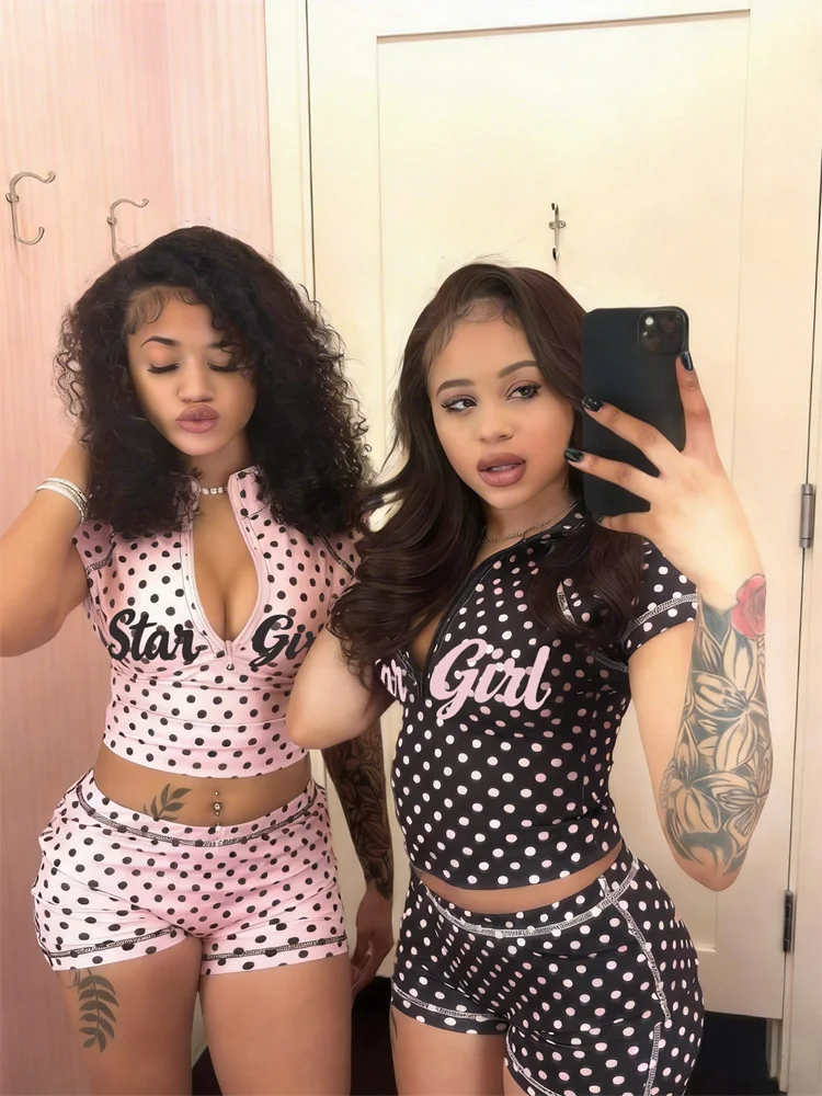 

Nibber Street 2 Piece Set Woman Zip Turtleneck Short Sleeve Crop Tops+Skinny Shorts Sexy Polka Dot Print Fashion Style Outfits