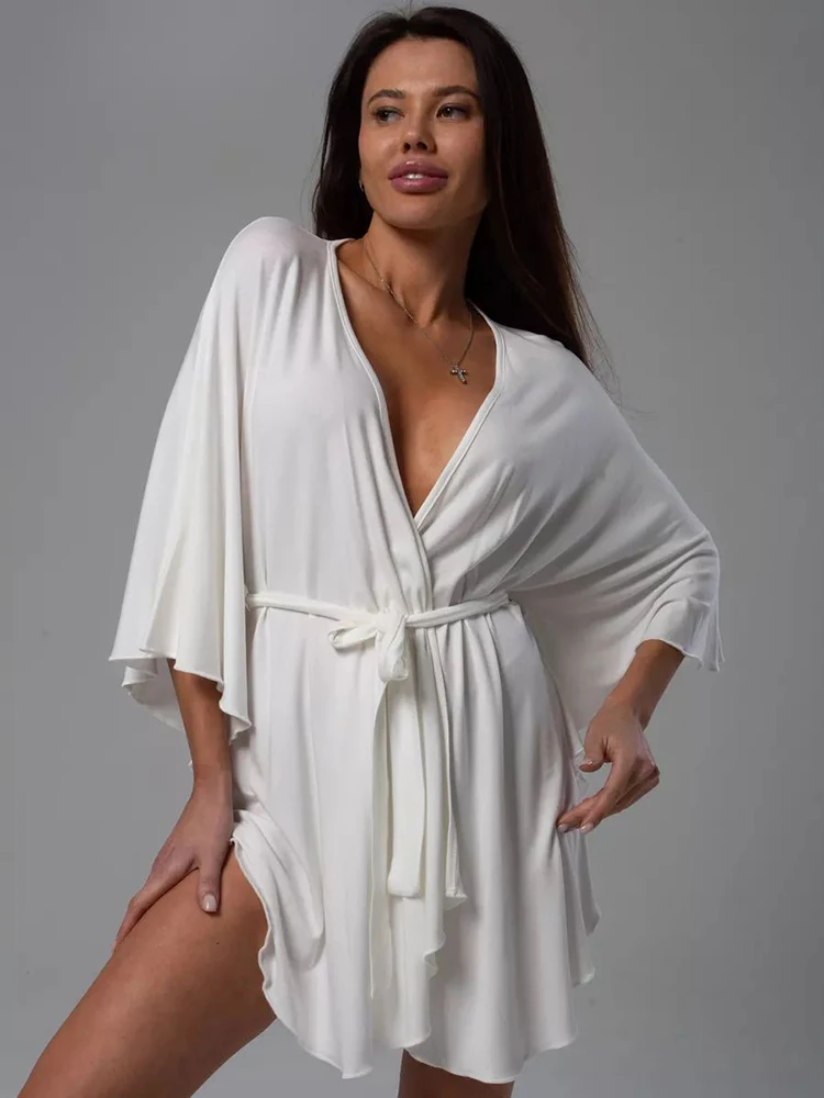 HiLoc Fashion Knitted Elastic Robe Sleepwars Women 2024 Elegant V-Neck Lace-Up Loose Robe Autumn White Elastic Sexy Robe Pajamas