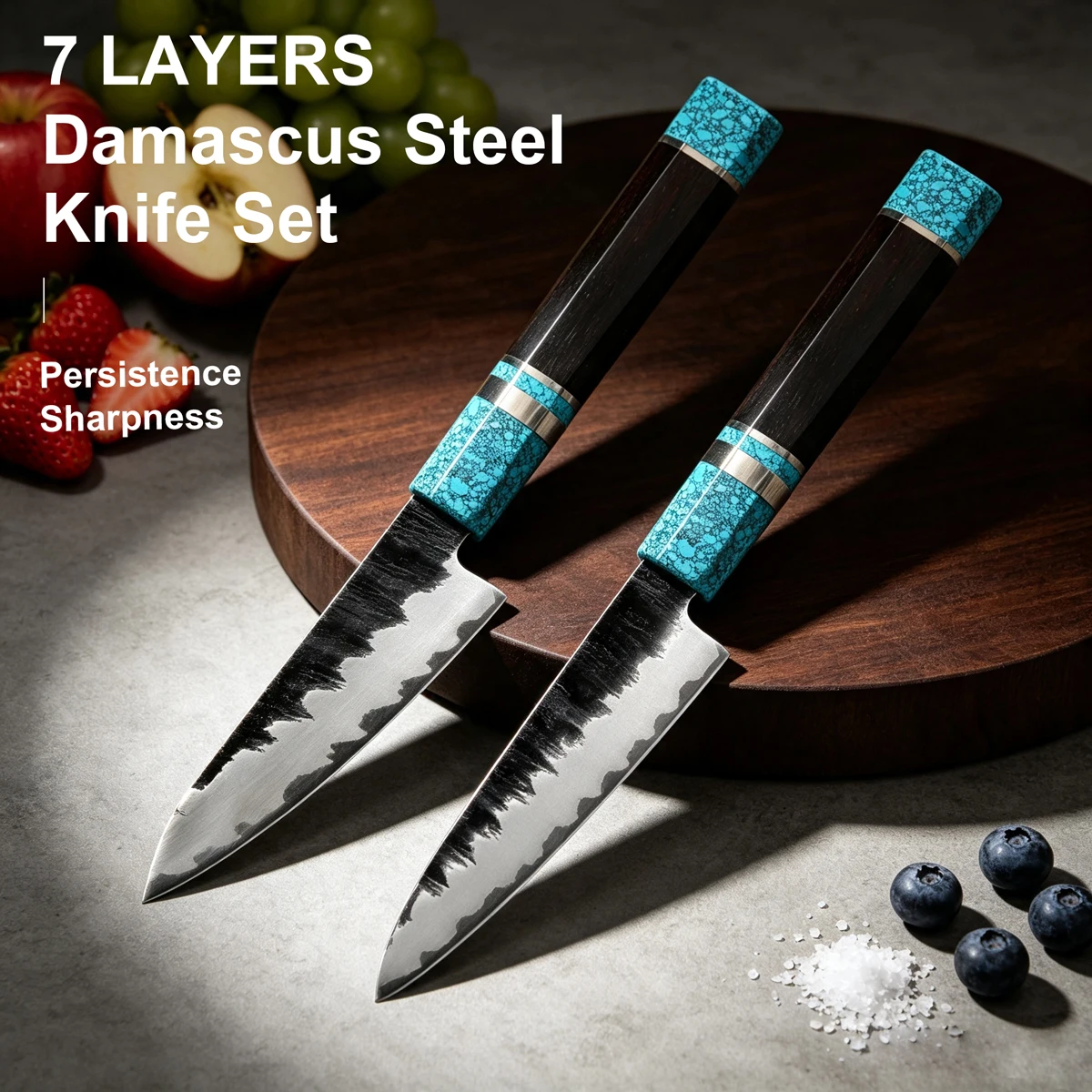 2PCS set Kitchen Knife 7 Layers Damascus Steel Profession chef Paring Knife Utility Knife Turquoise Handle Gift Box