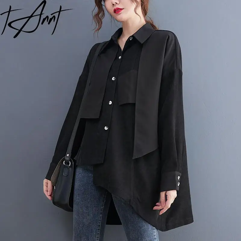 GetSpring Women Shirt 2024 Autumn Winter Irregular Single Breasted Full Sleeve Black Blouse All Match Loose Casual Long Tops New