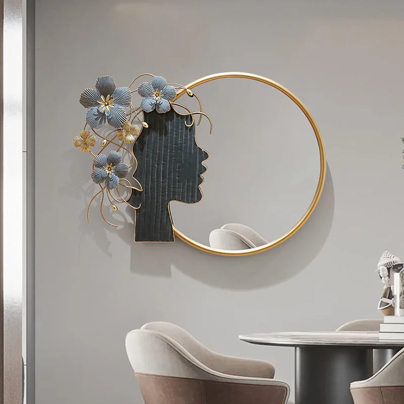 

Modern light luxury restaurant entrance background wall wrought iron decorations mirror pendant toilet bathroom soft decoration