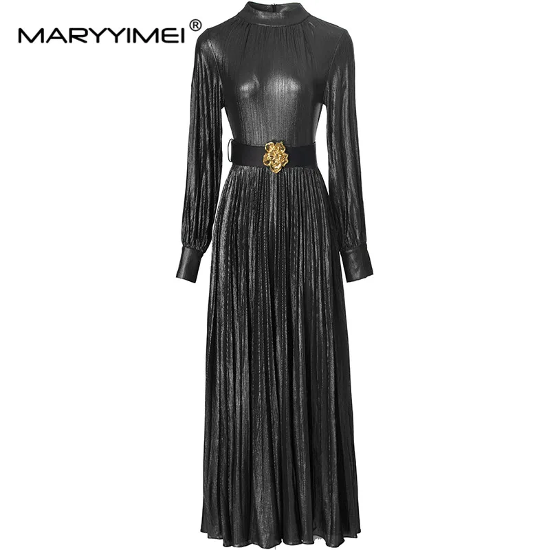 MARYYIMEI Autumn New Style Vintage Designer Dress Women Lantern Sleeved High waist Pleated Splicing Elegant Dresses With Belt