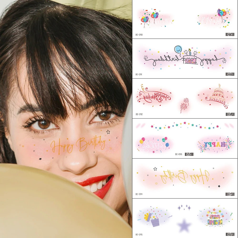 

1PCS Birthday Party Temporary Face Tattoo Sticker Water Transfer Cake Balloons Birthday Party Fireworks Women Tattoos