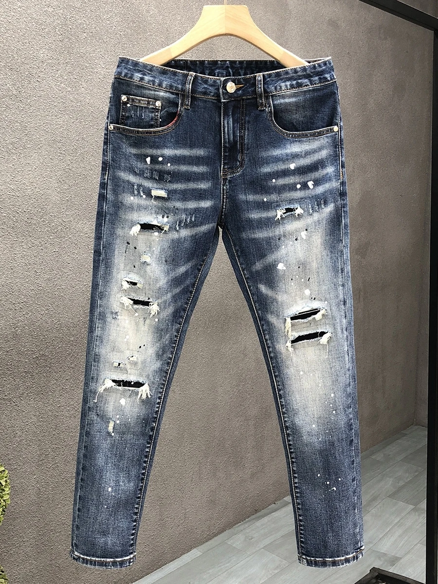 

Trendy Men's Slim Fit Jeans Korean Sle Nine-Piece Hole Summer New Versatile Straight Leg Pants Casual Wear All Seasons