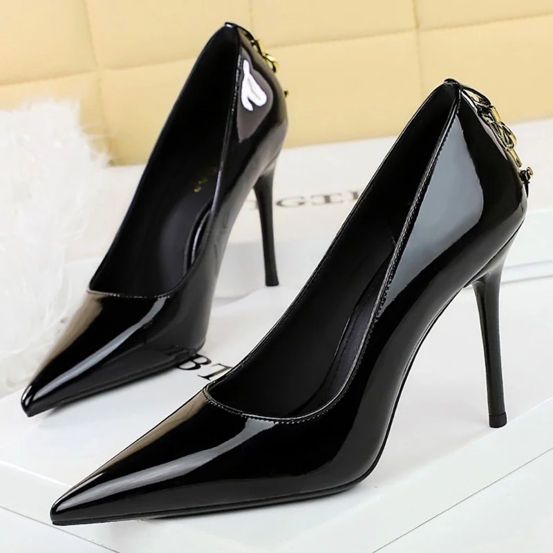 

BIGTREE Shoes Женские туфли-лодочки с металлической пряжкой и украшением на шпильке 8 см 10 см Роскошные банкетные туфли Сексуальная обувь для вечеринок