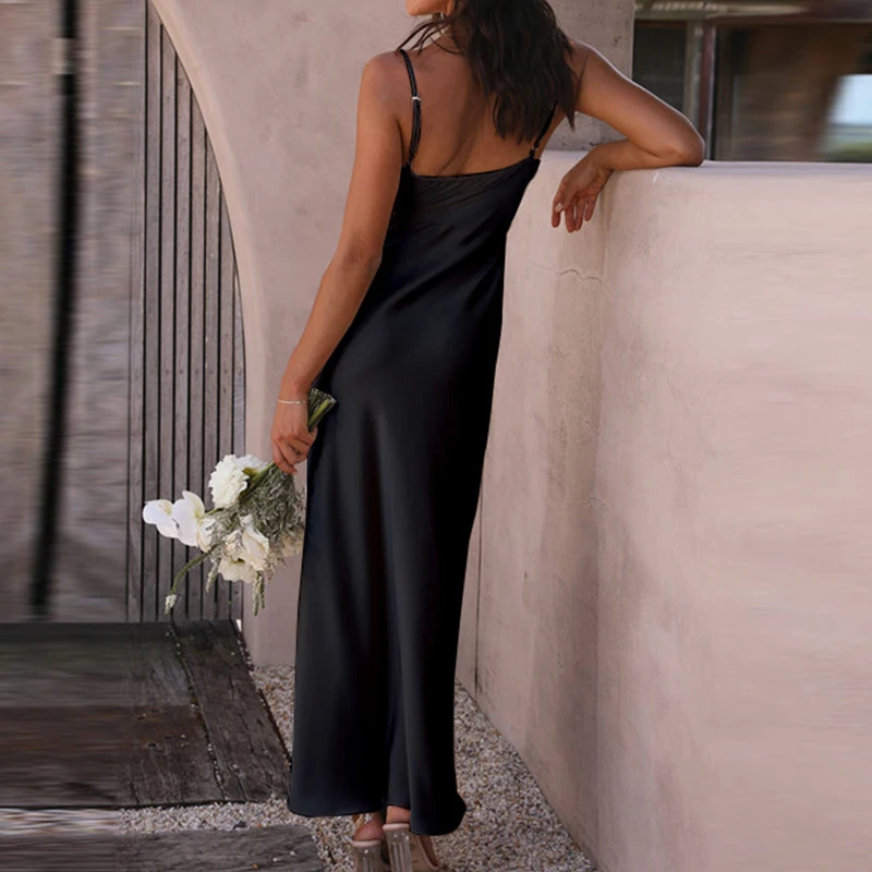 Summer Dress Women Fashion Version Casual Sexy Solid Color Satin Side Split Mid-Length Sleeveless Suspender Dress