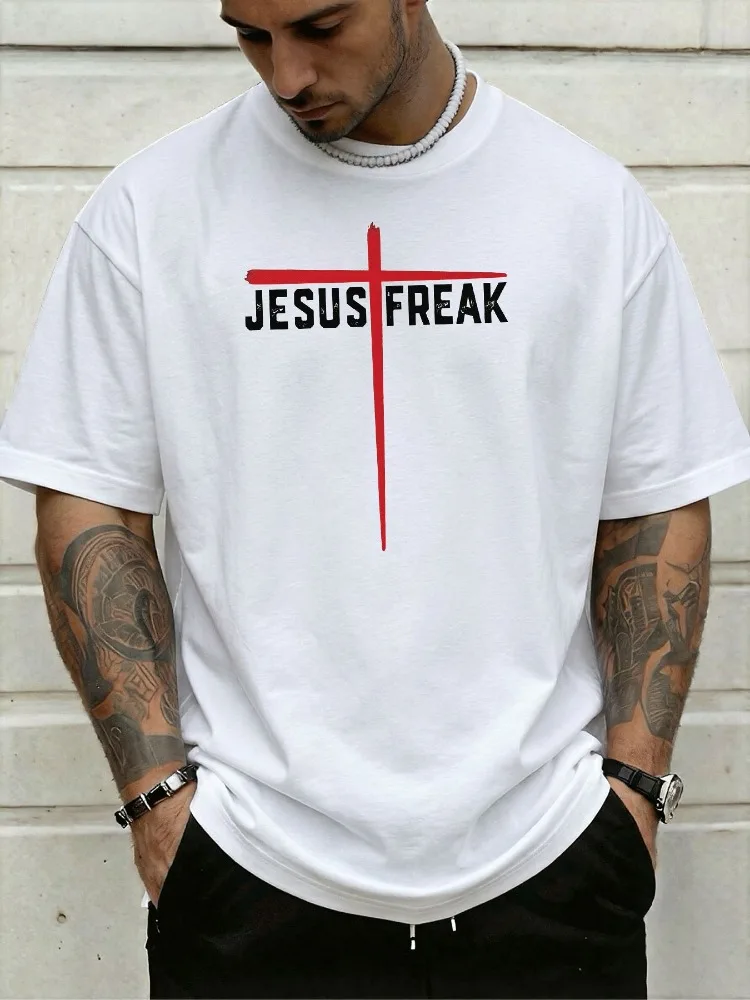 Jesus Freak Red Cross Graphic Mens Oversized T Shirt Christian Faith Short Sleeve Soft Cotton Casual Daily Streetwear For Guys