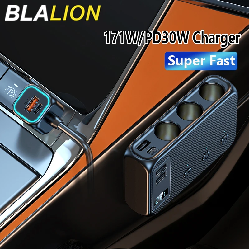 BLALION 171W 9 in 1 Car Charger Adapter PD 3 Socket Cigarette Lighter Splitter Charge Independent Switches DC Cigarette Outlet