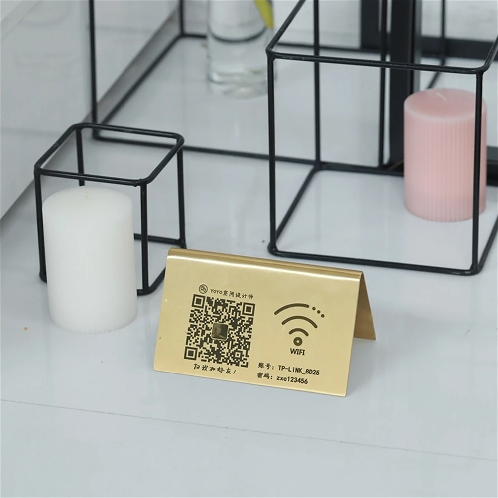 Brass Qr Code Signboard Shop Guest Servce Sign Stand Front Desk Conference Scanning Plate Table Name Card V Shape Rack