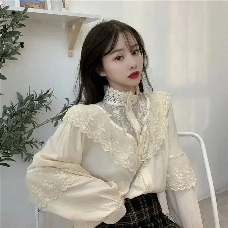 Spring Lace Loose Long Sleeve Elegant Korean Women Blouse Solid Color Casual Stand Collar Button Fashion Lady Clothes 11335
