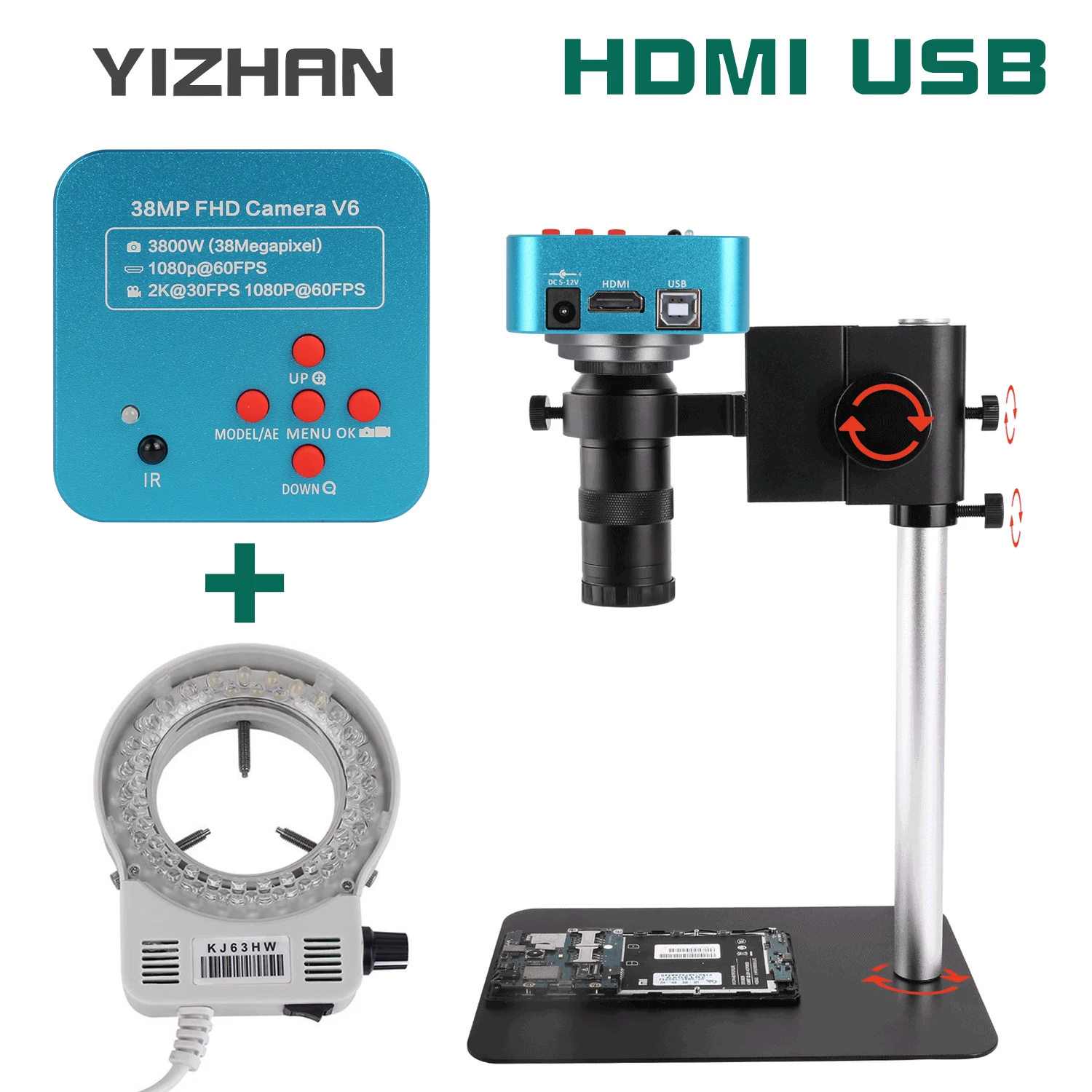 

13/38MP HDMI/Usb/VGA Electronic Microscope For Soldering Digital Microscope Suit Interface Camera 1-130X C-MOUNT Lens LED Light