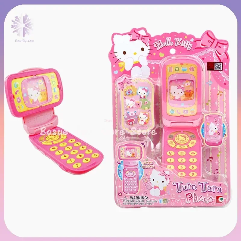 Sanrio Hello Kitty Simulated Mobile Phone Girl Toy Foldable Music Rotating Video Phone Anime Room Decoration Christmas Gift Toys