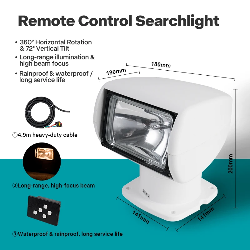 12V 100W Square Base Halogen Marine Remote Control Searchlight Square Base Boat Yacht Spotlight for Navigation Docking Search