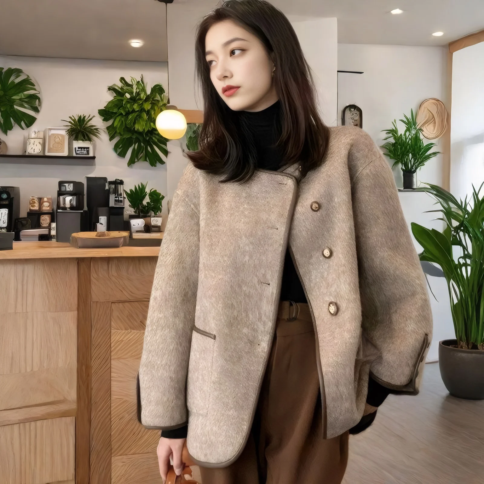 Vintage Round Neck Soicliate Women's Woolen Suit Jacket Autumn and Winter 2024 Elegant Short Woolen Coat Casual Loose Suit Top