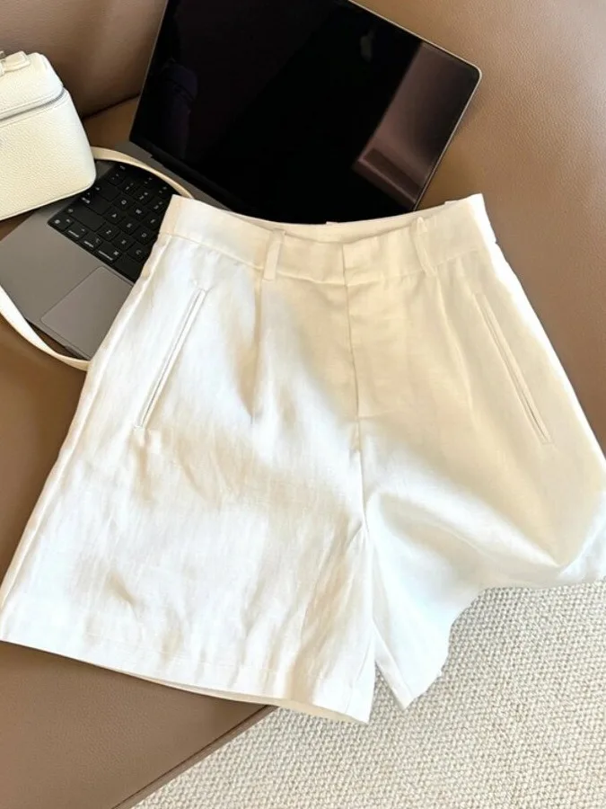 

Summer 2026 High Waist Wide Leg Cotton Linen Short Pants Women's Casual Trousers Retro Style Slimming White Color Ladies Jeans