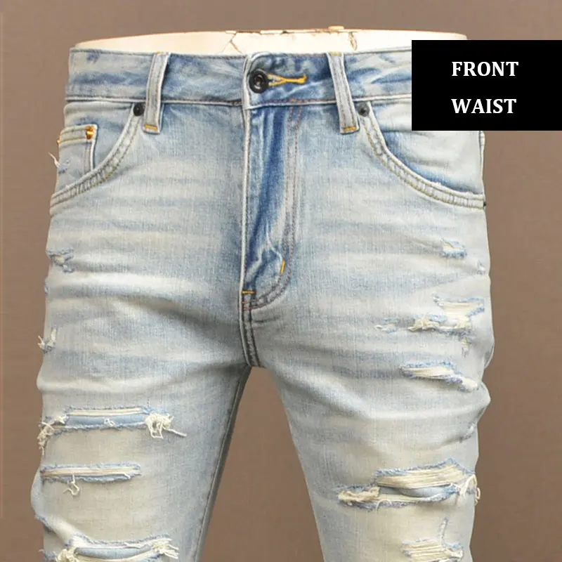 Street Fashion Men Jeans High Quality Retro Light Blue Stretch Slim Fit Ripped Jeans Men Patched Designer Vintage Denim Pants