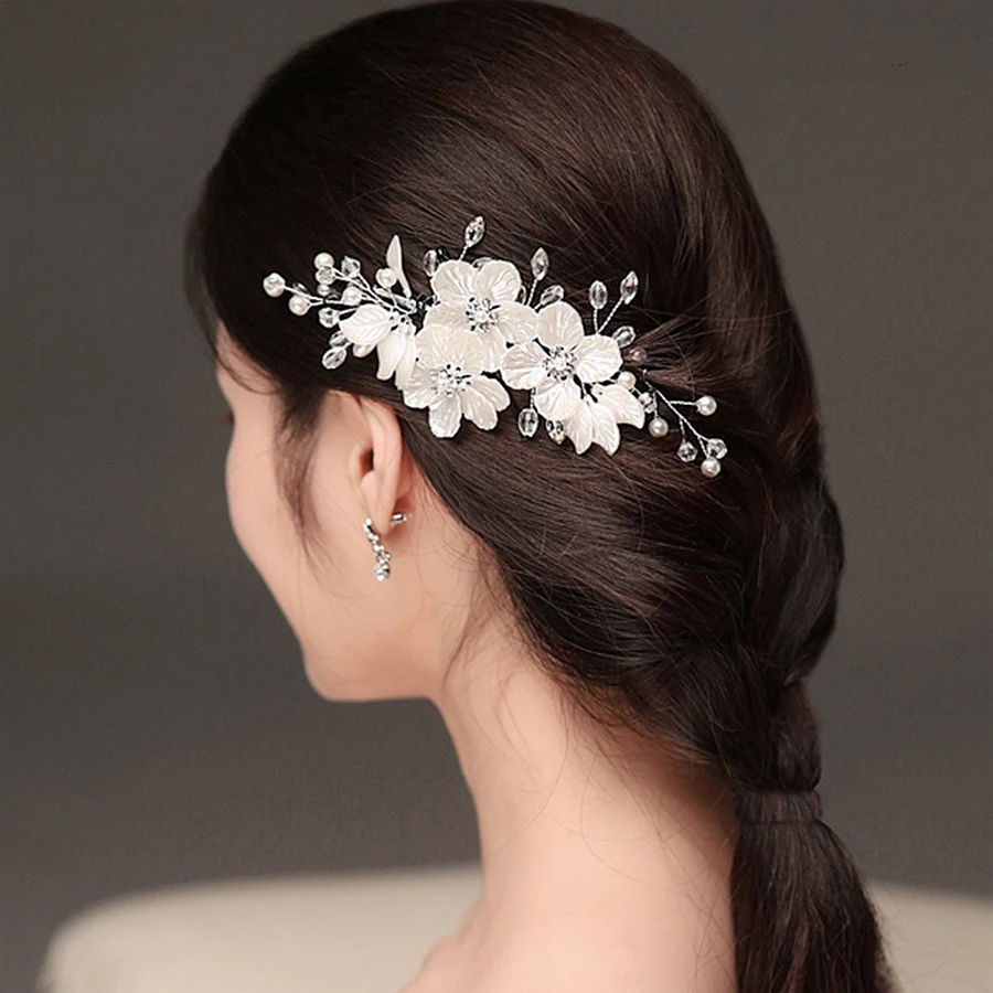 

Shell Wedding Hair Combs Women Headbands Accessories Crystal Pearls Weave Flower Bridal Headpiece Clip Bride Jewelry Gift