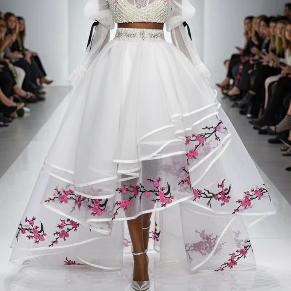 

High Fashion Organza High Low Prom Skirt for Women Puffy Tiered Tulle Long Skirts Elegant Lace Appliques Ruffled Wedding Skirt