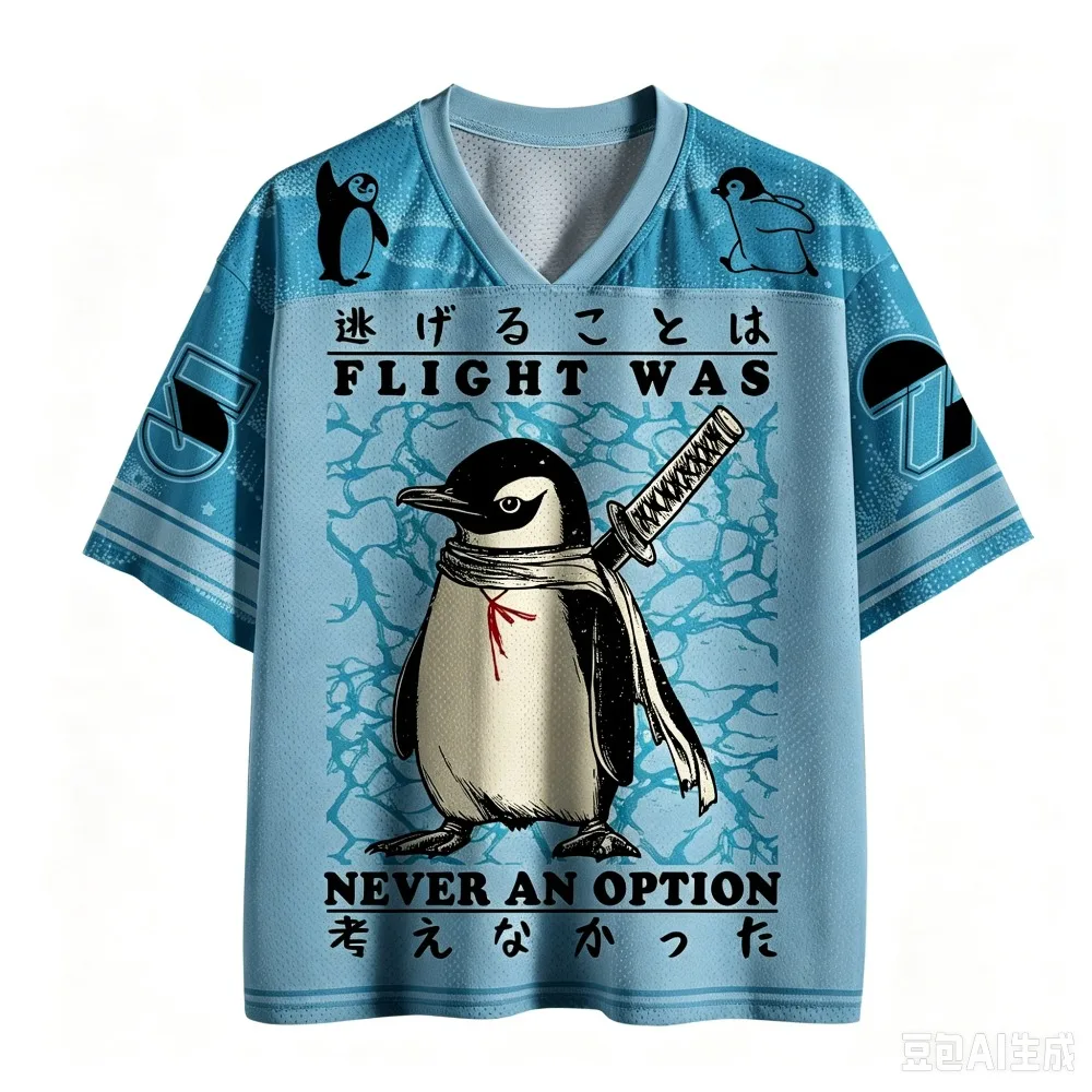 Japanischer Stil Lustiger Krieger-Pinguin 3D-Druck Schnelltrocknendes Sport-T-Shirt für Männer und Frauen mit V-Ausschnitt, Modische Streetwear für Eltern und Kinder – Detail 7