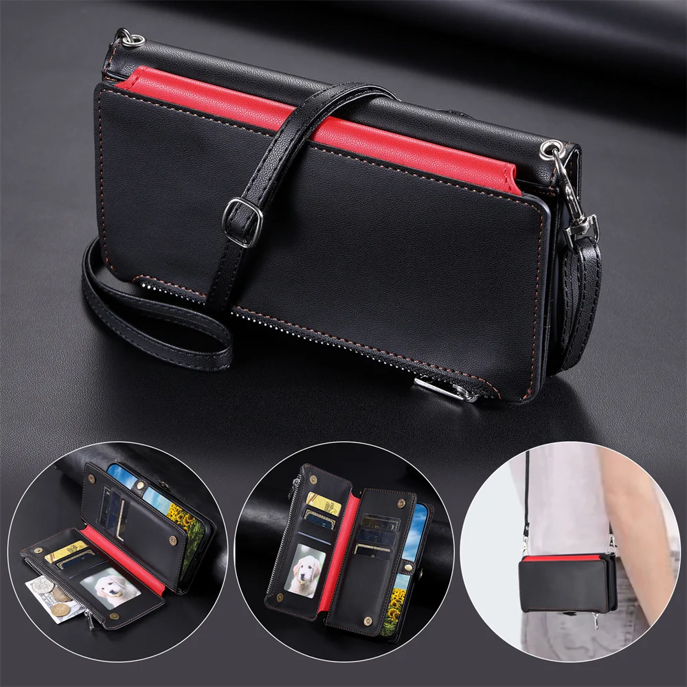 Crossbody Zipper Wallet Case For Samsung Galaxy S25 Ultra S24 S23 S21 S20 FE S22 Plus A36 A16 A55 A35 A25 A15 5G A05S A06 4G