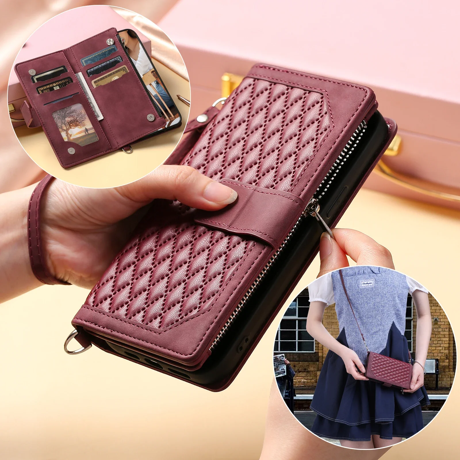 Crossbody Zipper Wallet Leather Case for Samsung Galaxy A15 A25 A35 A55 A54 A14 S23 S24 Ultra S21 FE S22 Plus Card Purse Cover