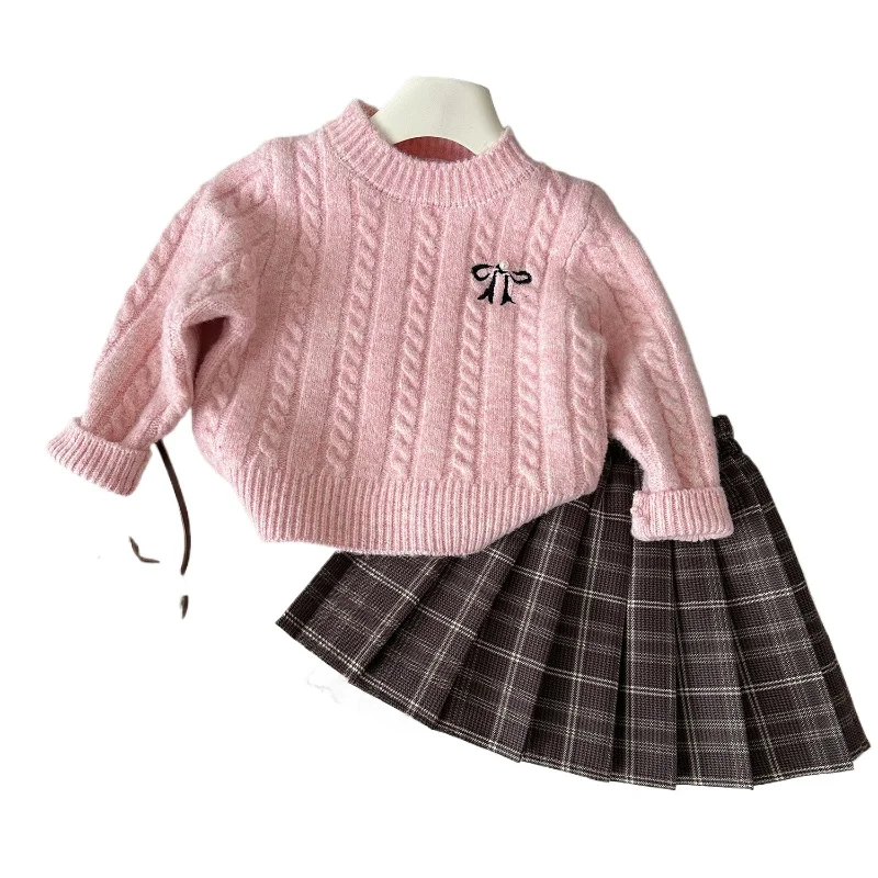 Girls\' Suit 2024 Autumn New Korean Girls\' Knit Sweater + Tie Dye Bow Skirt Two-piece Set Girls Clothes 2-7yrs
