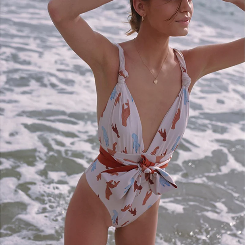 

2024 New Sexy One Piece Swimsuit Swimwear Women Deep V-neck Backless Hands Print Large Bowknot High Waist Bathing Suit Beachwear