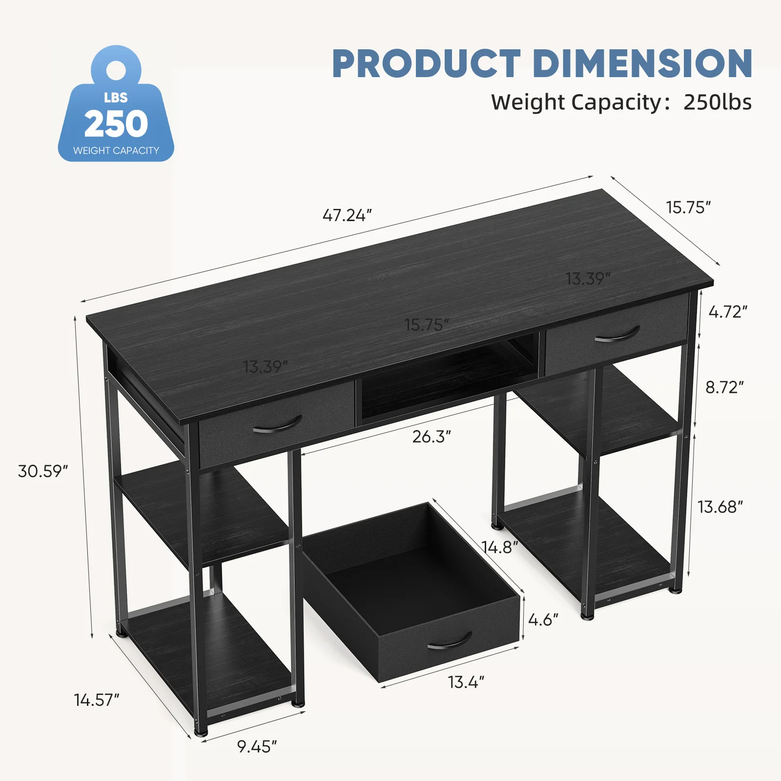 MCQ 48 Inch Standing Office Computer Desk with 3 Fabric Drawers Ergonomic Writing Study Work Table Gaming Table for Home Office Use Workstation