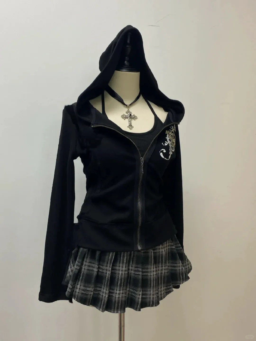 Goth Women Top Hooded Zip-up High Street Hot Girl Graphic Hoodie Punk Grunge Female Vintage Harajuku Casual 2000s Clothes Y2k