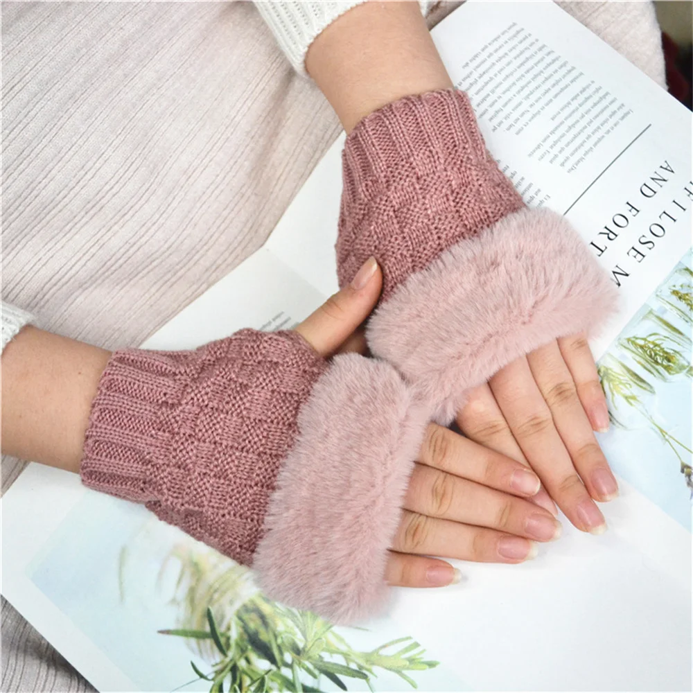 Korean  Autumn And Winter Outdoor Warm Gloves Women'S Half-Finger Gloves Plush Thickened Knitted Gloves Fingerless Gloves