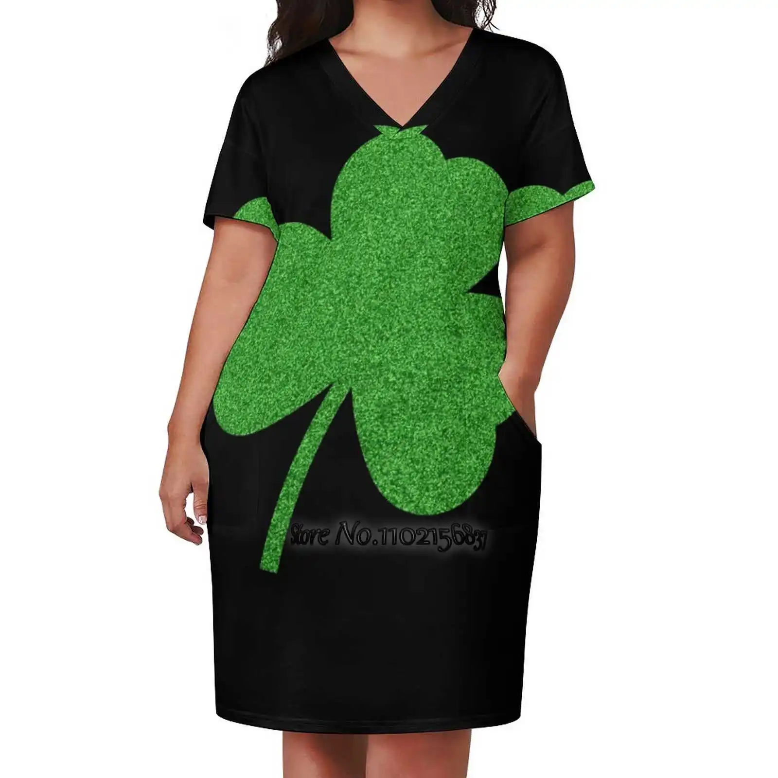 Shamrock Green Glitter Loose V-Neck Short Sleeve Skirt Elegant High Quality Dress Lightweight Fabric Skirt Irish Ireland