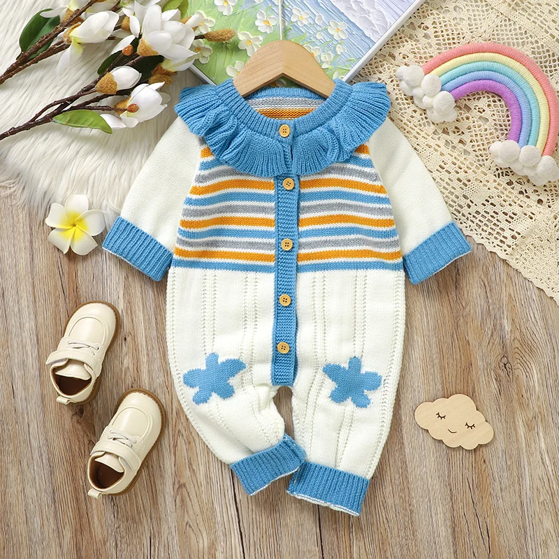 Baby Rompers Knitted Newborn Girl Boy Jumpsuit Long Sleeve Warm Fall Infant Kid Clothes 0-18M Cute Star Rainbow Striped Overalls