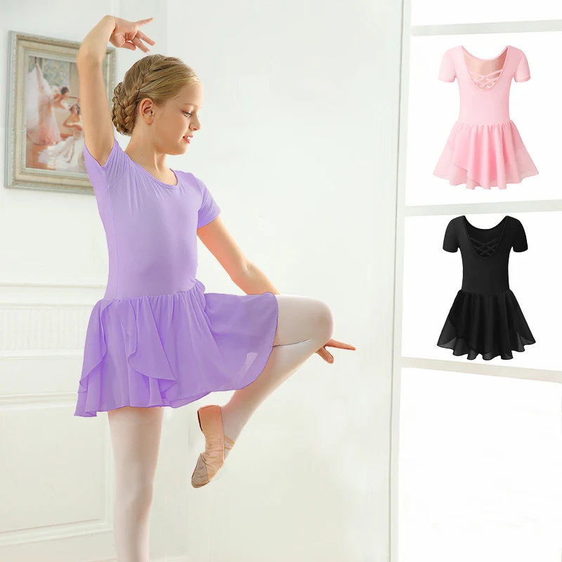 Mädchen Ballett Trikots Kleinkind Kurzarm Zurück Crisscross Chiffon Rock Trikot Kinder Tanz Kleider