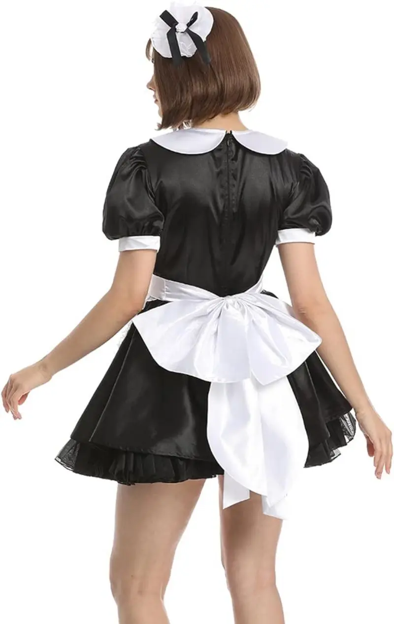 French Sexy Adult Custom Fetish Cross Dressing Sissy Cute Doll Neck Princess Dress Lined with Sheer Smooth Satin Dress