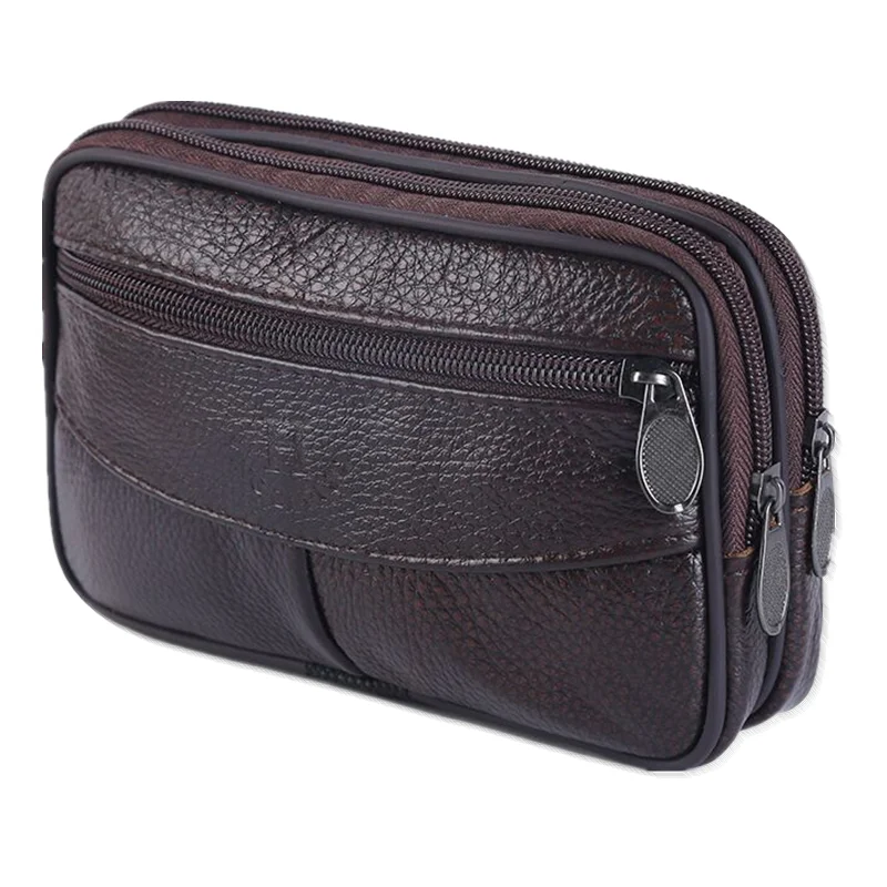 Bolso de mano de cuero genuino para hombre y mujer, Cartera de gran capacidad para dinero, bolsillo para teléfono móvil, suave, doble cremallera,