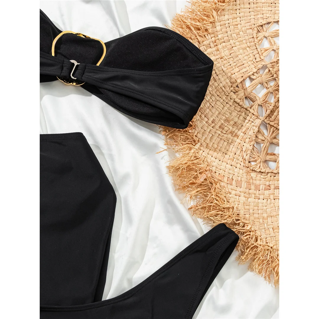 3-teiliges Set mit Rock, Bandeau-Bikini, Metallring, Damen-Badeanzug, dreiteiliger Bikini, Badebekleidung, Badeanzug, Schwimmkleidung V6954 – Detail 9
