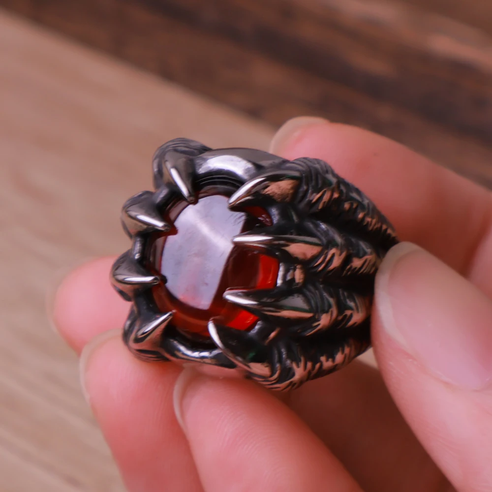 Vintage Big Stone Stainless Steel Dragon Claw Ring Mens Fashion Personality Punk Hip Hop Black Red Stone Ring Jewelry Wholesale