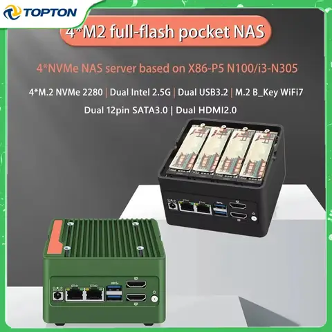 Topton 6-Bay Pocket NAS Server Intel i3 N305 N150 N100 Firewall Mini PC 4xM.2 NVMe 2xSATA3.0 DDR5 2x2.5G LAN 2xUSB3.2 2xHDMI2.0