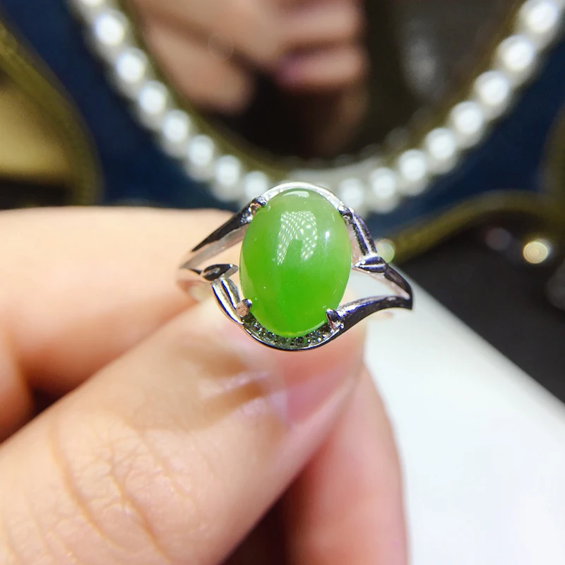 Chinese Style Classic 925 Silver Green Jade Ring with 3 Layers Gold Plating 8mm*10mm 3ct Natural Jade Silver Ring for Daily Wear