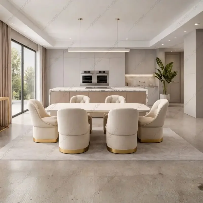 

Luxury marble dining table with velvet chairs, modern wooden base, 6/8 seats, suitable for hotel apartments