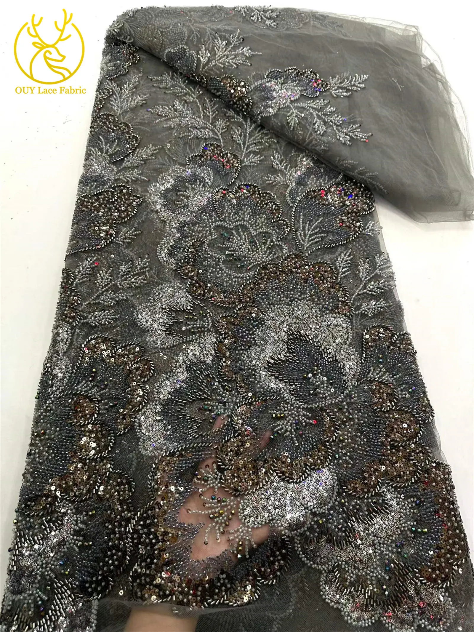 Afrikanischer Brautkleidstoff mit Perlen und Spitze 2026 Luxuriöse Nigerianische Stickerei Pailletten-Spitze Französische Tüllspitze für Brautkleider – Detail 13