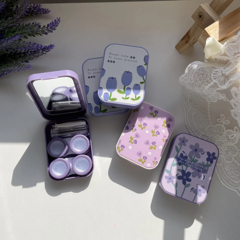 1 Piece Beauty Contact Lens Box Purple Tulip Portable Contact Lens Case Companion Box Two-pack Eye Lenses Holder Container