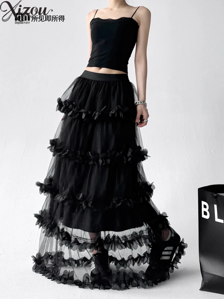 

Elegant Edge Mesh Solid Color Cake Long Skirts Women's Summer Japanese Style 2025 New Lady Casual High-waisted Skirt