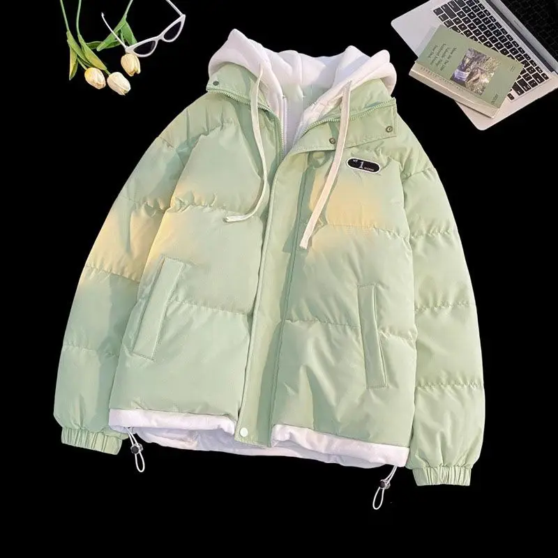 Dámská zahušťovací kapuce s falešnou dvoudílnou bavlněnou prošívanou kabátem podzim/zima zip kontrastní barevná bunda streetwear unisex svrchní oblečení - náhled 2