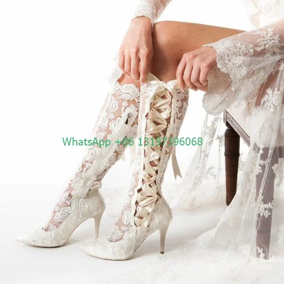 Women's Solid White Black Red Classic Ivory Lace Wedding Boots Wedding Shoes Pointed Toe Stilettos Lace Up Mesh Cutout Boots 44