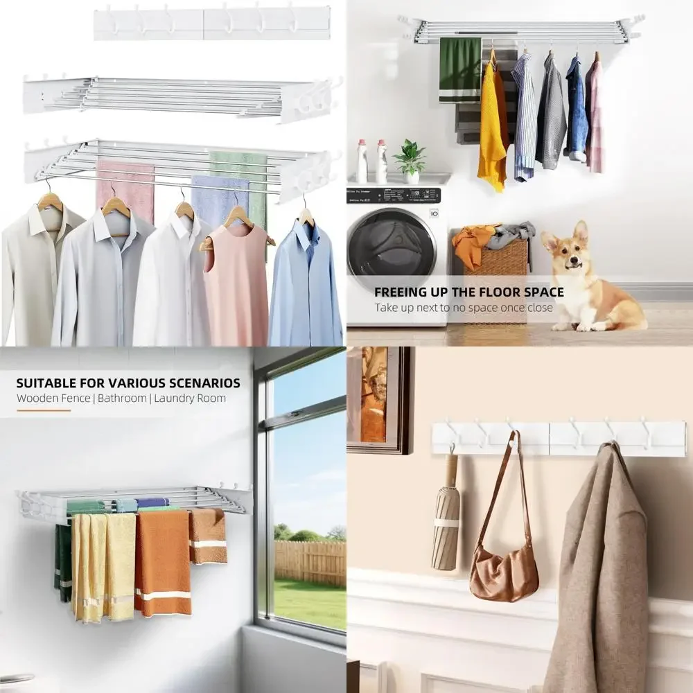

Collapsible Wall-Mounted Drying Rack for Laundry - Space-Saving, 13.2 Ft Capacity, 5 Aluminum Bars，Foldable and Versat