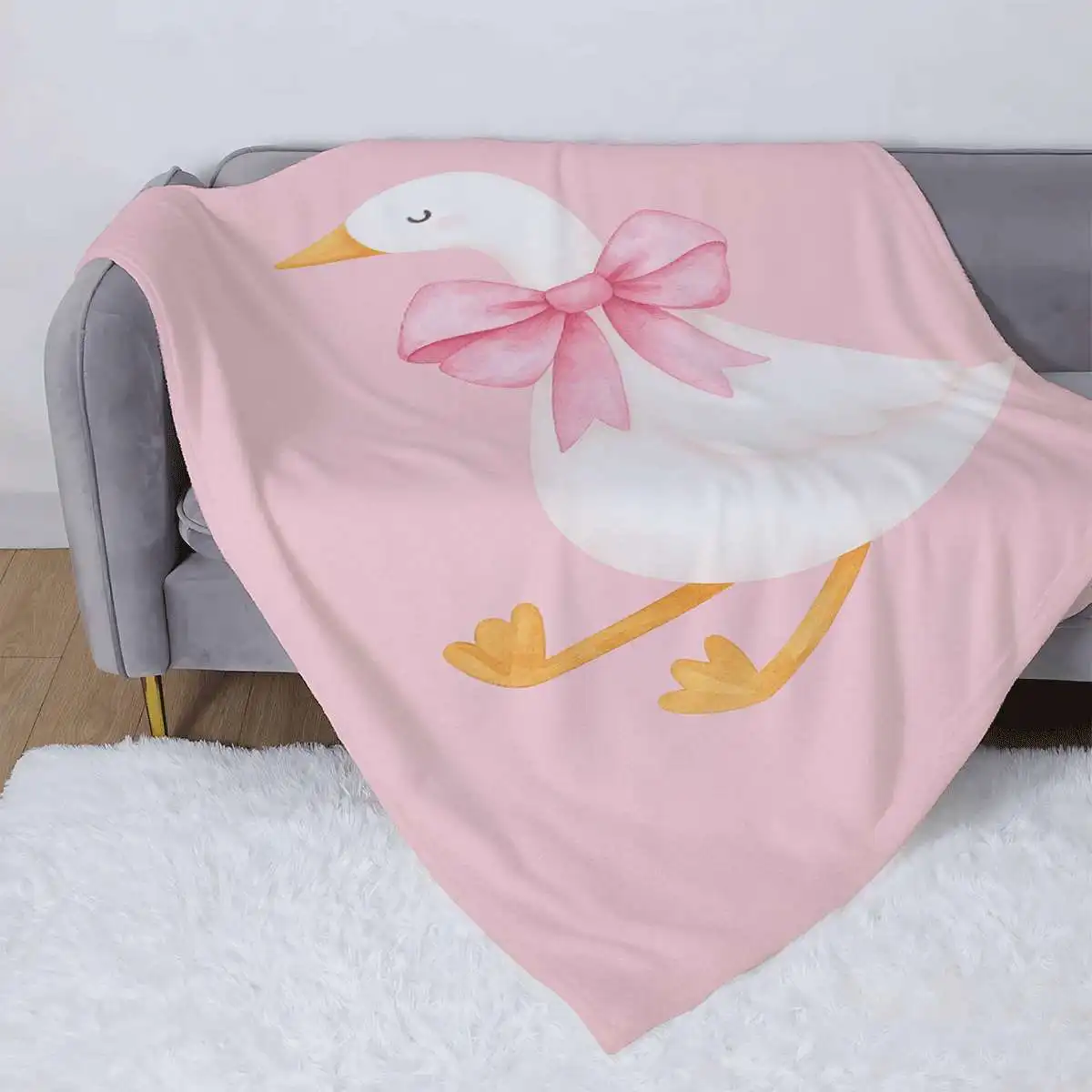 Cozy Swan Pattern Blanket Throw Polyester Plush Fleece Bed Cover Decorative Nursery Accent Sofa Couch Pink Gift for Kids