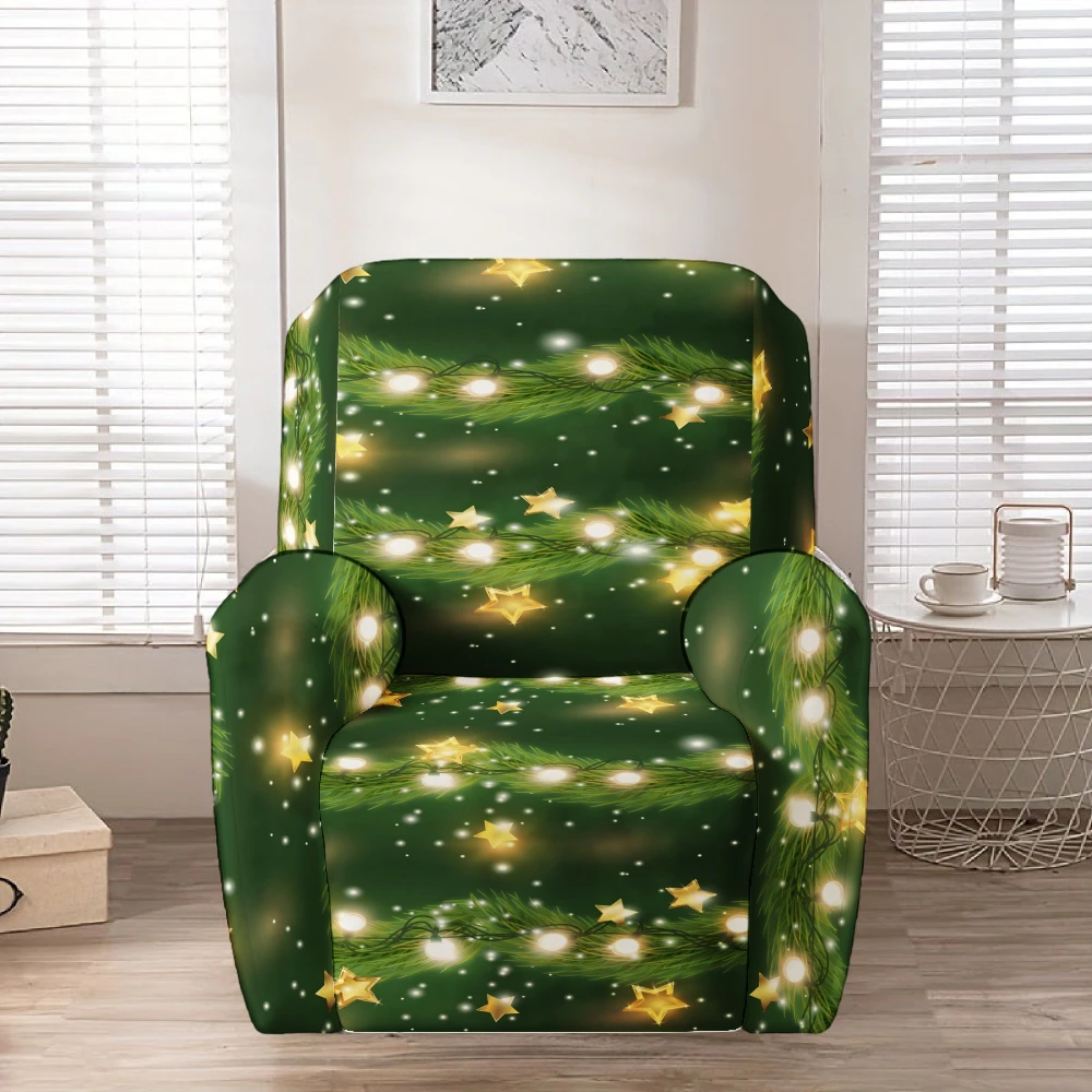 Dark Green Pine Garland Warm Light Golden Star Print Stretch Recliner Chair Cover, Removable Washable Full Sofa Slipcover
